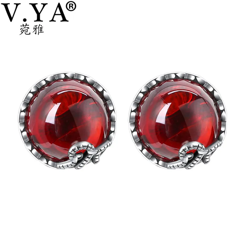 

V.YA Solid 925 Sterling Silver Stud Earrings Retro Round Red Stone Jewelry Thai Silver Earrings for Women Female Birthday Gift