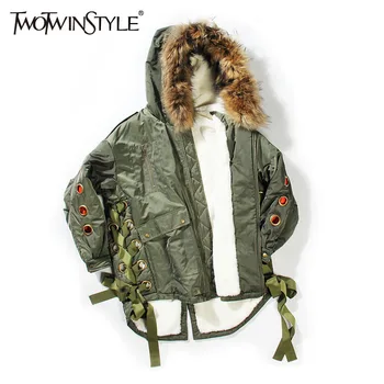 

GALCAUR Artifical Fur Hooded Winter Jacket Women Parka Coat Female Lace up Long Sleeve Top Large Big Size Clothing Korean