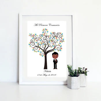 

Personalize Name Date For Boy's First Communion Gift Creative Souvenir of Baptism Fingerprint Tree Canvas Art Print & Ink