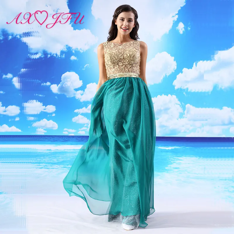 AXJFU luxury princess flower lace green evening dress beach illusion sleeveless host lace