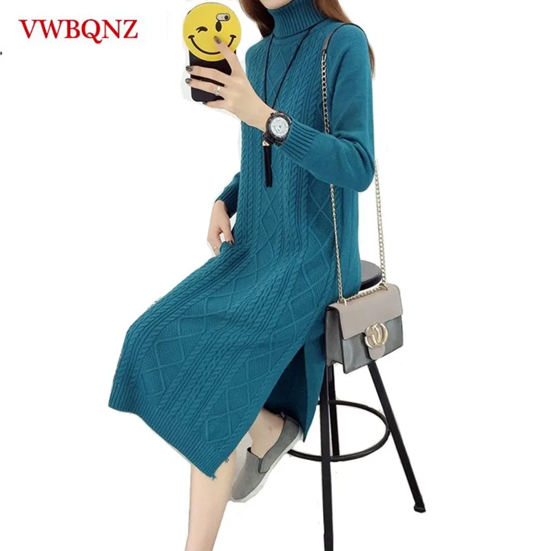 

Autumn Winter Women Turtleneck Soft Stretch Sweater Dress Loose Korean Split Knitted Long Sweater Warm Pullover Ladies Clothing