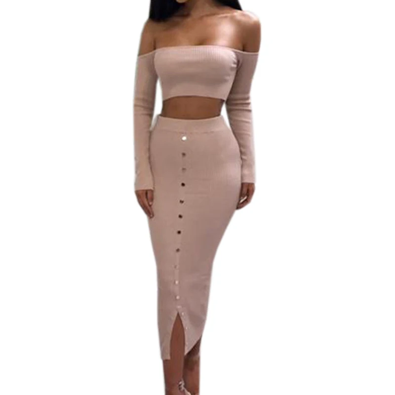 

Party Two Piece Set Skinny Sexy Knitted Women's Sets Slash Neck Bodycon Crop Top Buttons Split Pencil Skirt Winter Outfits GV927
