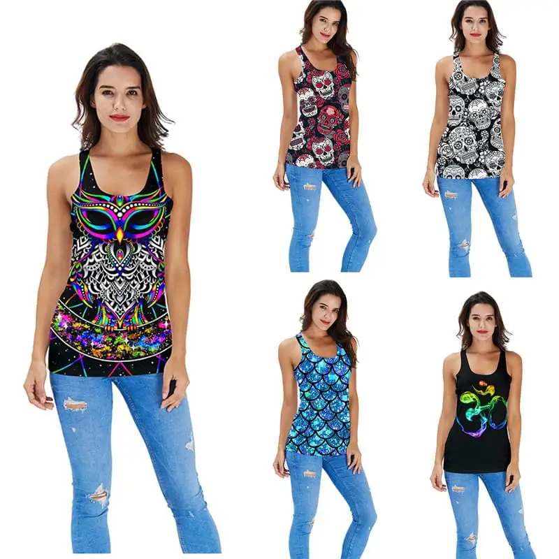 

2019 3D Racerback Tank Top Skull Jellyfish Women Cropped Camisole Fox Owl Mermaid Scales Cami Tops Bralet Tops Women Camis