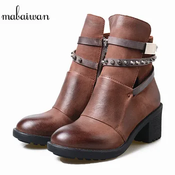 

Mabaiwan New Warm Women Shoes Winter Autumn Retro Buckle Short Ankle Boots High Heel Genuine Leather Shoes Gladiator Rivet Boots