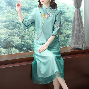 

Midi Dress Elegant Women Spring 2019 Organza Embroidered Stand Collar Loose A-Line Plus Size Improved Cheongsam Dress Midi S-XXL
