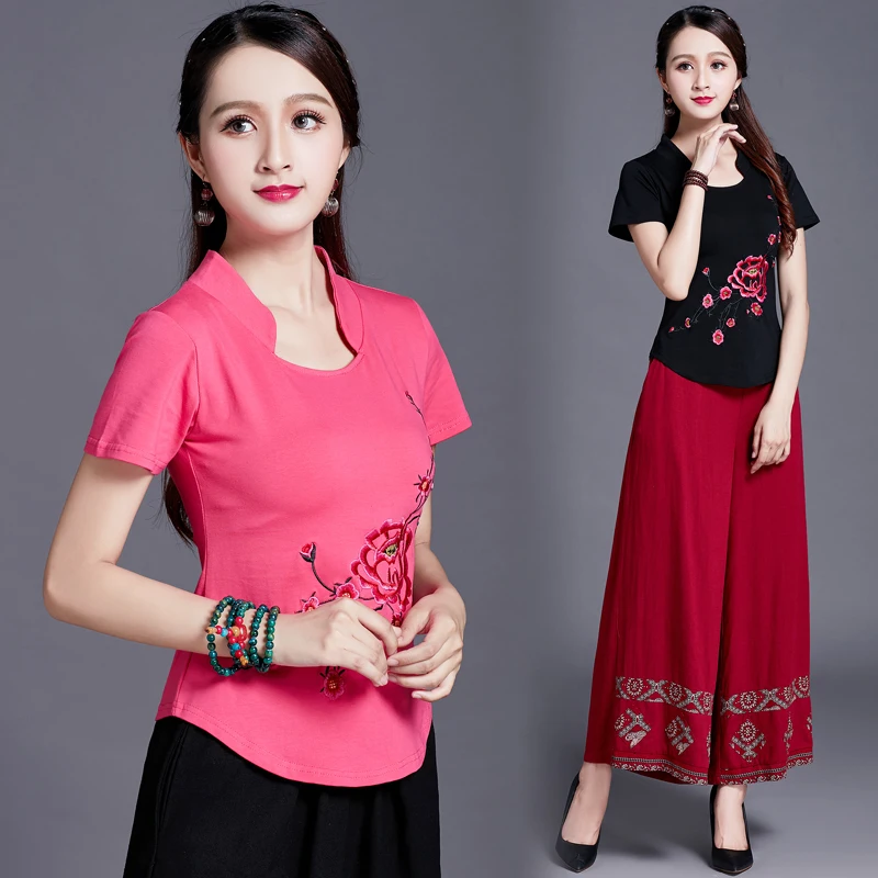 

women Summer national retro embroidered short-sleeved T-shirt female lady cotton Chinese style slim Mandarin Collar shirt tops