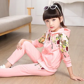 

100% cotton 2017 spring autumn fashion active floral print children clothing Hoodies +pant girl clothing set for 4-12 years
