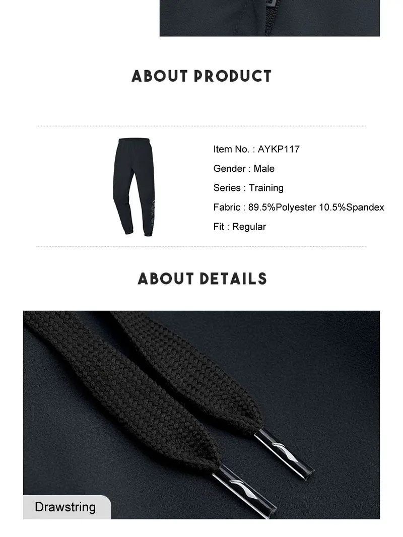 Li-Ning Men Training Sweat Pants Regular Fit 89.5%Polyester 10.5%Spandex Pockets Drawstring LiNing Sport Trousers AYKP117 MKY514