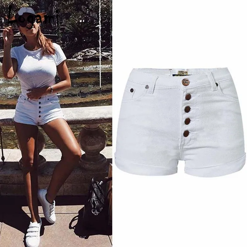 

LOGAMI Highwaisted Denim Shorts Casual Elastic Jean Short Summer Shorts for Women 2018 White