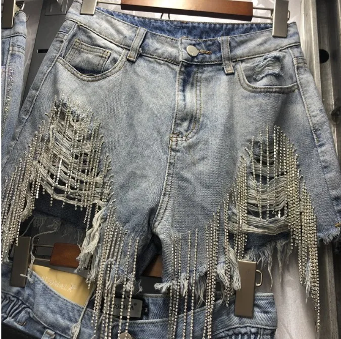 

2019 European New Summer Heavy Bead Diamond Tassel Jeans Female Student High Waist Hole Jeans Shorts