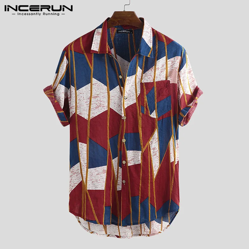 INCERUN Мужская гавайская рубашка с принтом, короткий рукав, воротник с отворотом, повседневные топы, модные пляжные брендовые рубашки для отдыха, Мужская сорочка, S-5XL - Цвет: Red Shirt