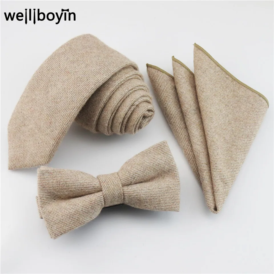  100% Wool Men's Ties Bowtie Pocket Square Beige Handkerchief Narrow Ties Hanky Suit Set For Men Bus