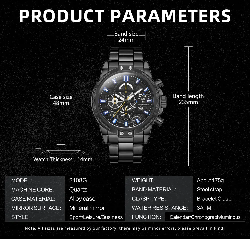 MEGIR мужские деловые кварцевые часы, армейские спортивные наручные часы с хронографом, мужские роскошные часы от ведущего бренда Relogios Masculinos 2108 черного цвета