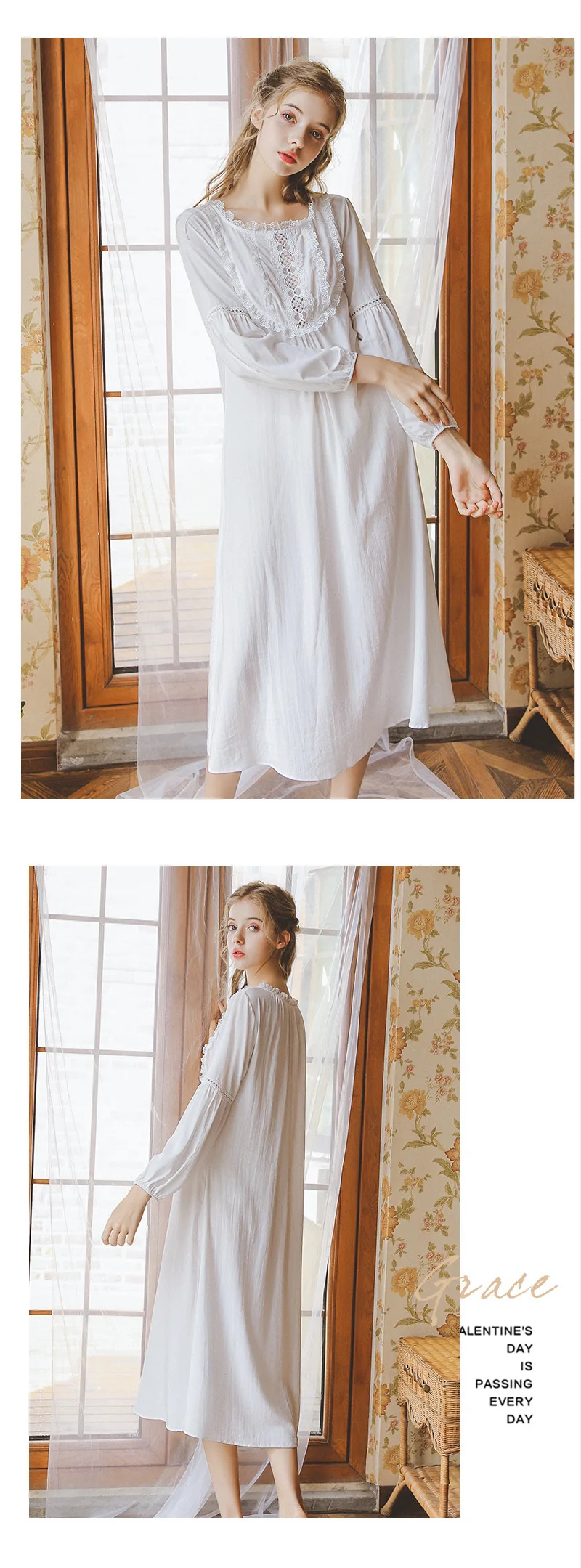 Sleeping Dress Nightdress Autumn Woman Princess Nightwear Long Sleeve White Nightgown Cotton Sleepwear Women Girl