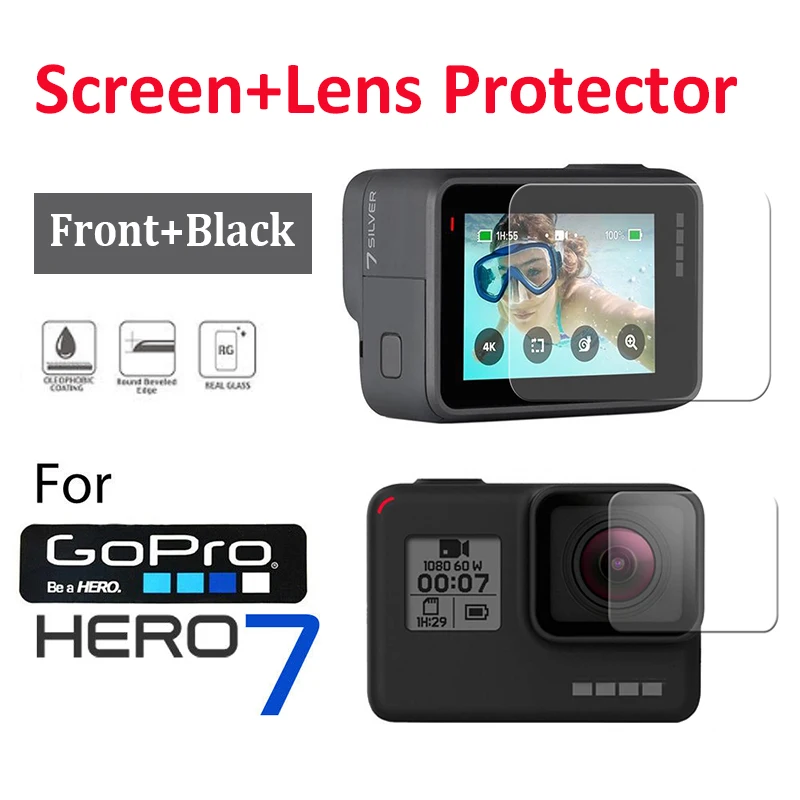 2Pcs LCD Screen+Lens Protector Tempered Glass Film For GOPRO HERO 7 Sport Camera Lens Cap LCD Screen Protective Film