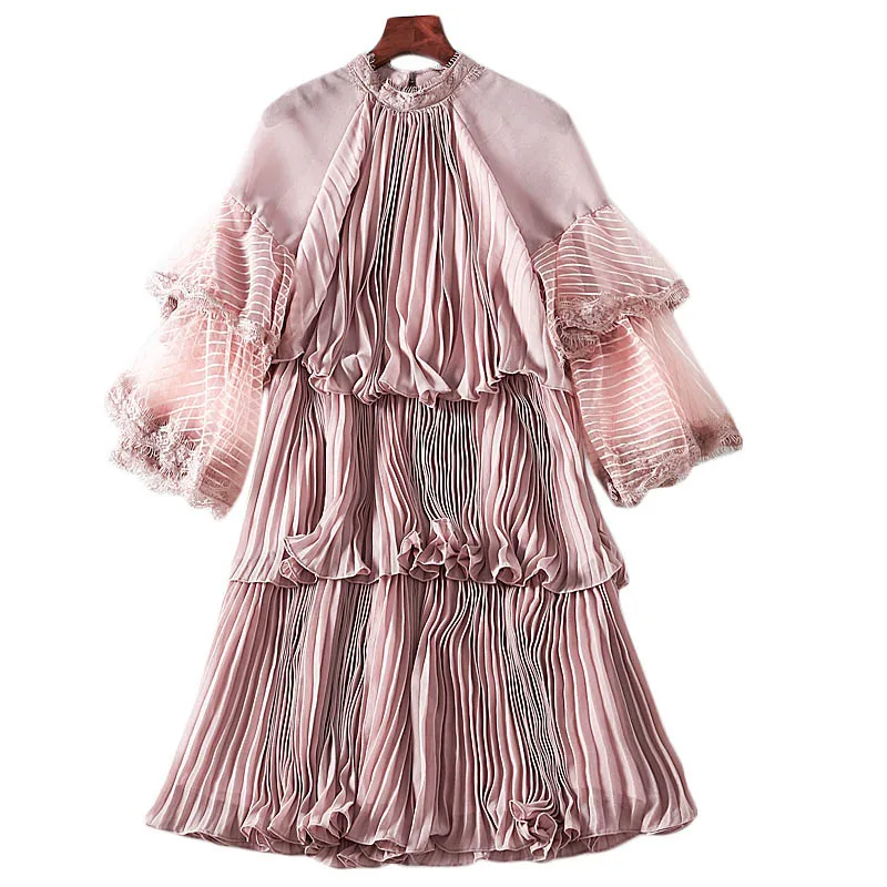 Короткое платье высокого качества летние новые женские модные вечерние пляжные повседневные винтажные элегантные шикарные плиссированные шифоновые платья - Цвет: Розовый