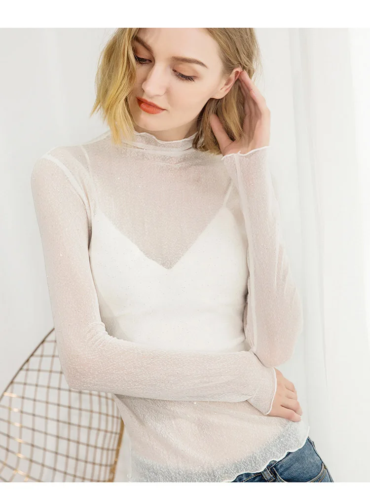 Moda jihan/Новинка; Кружевная футболка с блестками и бриллиантами; женская пикантная нижняя рубашка; прозрачные базовые Топы; женская футболка; сетчатые футболки с отделкой