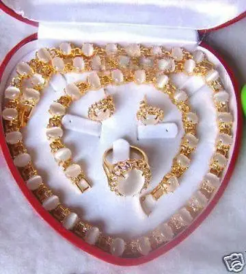 

6*8mm white opal stone 18K necklace bracelet earring ring Jewelry set >>18K GP Plated gold Bridal wide watch wings queen JEWE