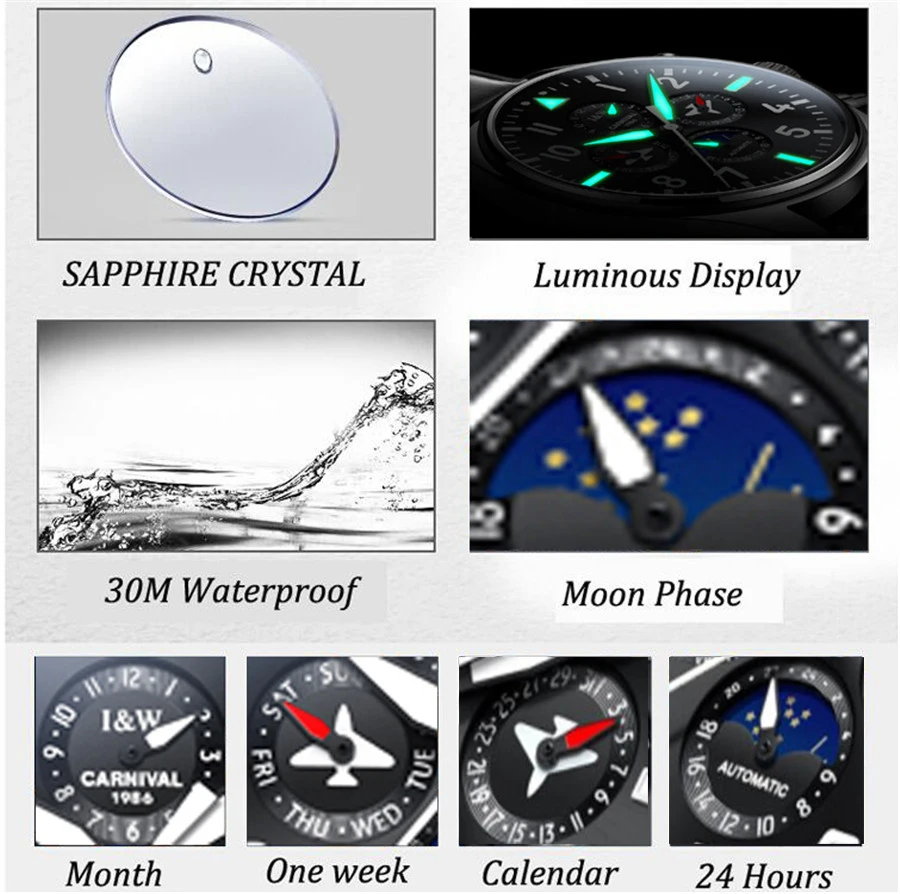 I& W Pilot автоматические часы для мужчин Карнавальная фаза Луны механические часы водонепроницаемые мужские часы спортивные наручные часы horloges mannen saat