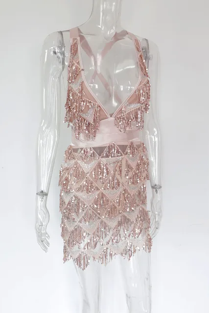 Bonnie Forest Sparkle Backless Tassel Sequins Bodycon Dress Women Sequins Fringed Bandage Chirstmas Party Dress Birthday Outfits Rose Gold