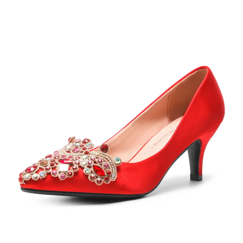 

Wedding Shoes Women 2019 Bride Red Diamond High-heeled Marriage Korean Version Of Thin-heeled Pointed Spring/autumn