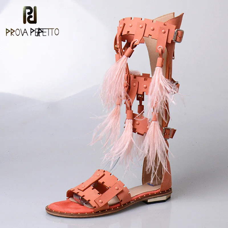 

Prova Perfetto 2018 Summer Euramerican Sexy Open Toe Long Boot Sandals Woman Flat Buckle Strap Hollow out with Feather Sandals