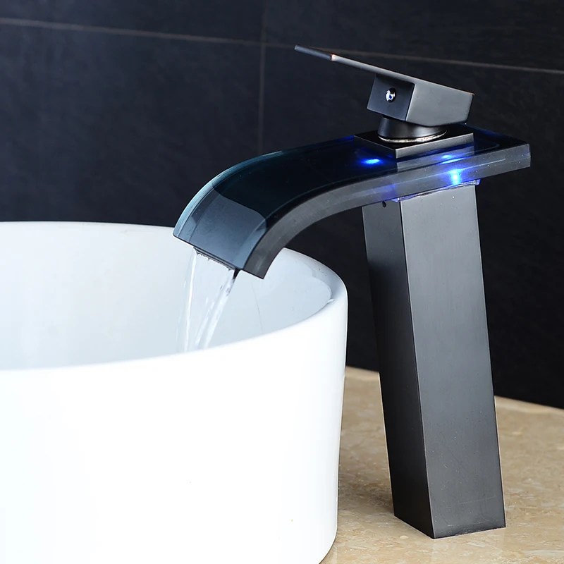 

BAKALA Bathroom Waterfall Led Faucet Glass Waterfall Black Brass Basin Faucet ORB Bathroom Mixer Tap Deck Mounted basin Tap