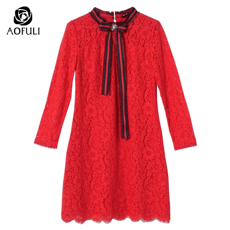L/XL/5XL женское кружевное платье с галстуком бабочкой осеннее до колена длинным