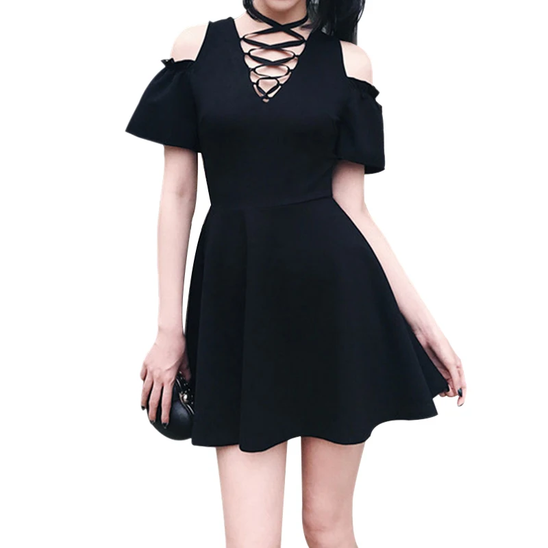 

summer dress Bandage hollow out Sexy Dresses Women Party Dress Black Off Shoulder harajuku black dress