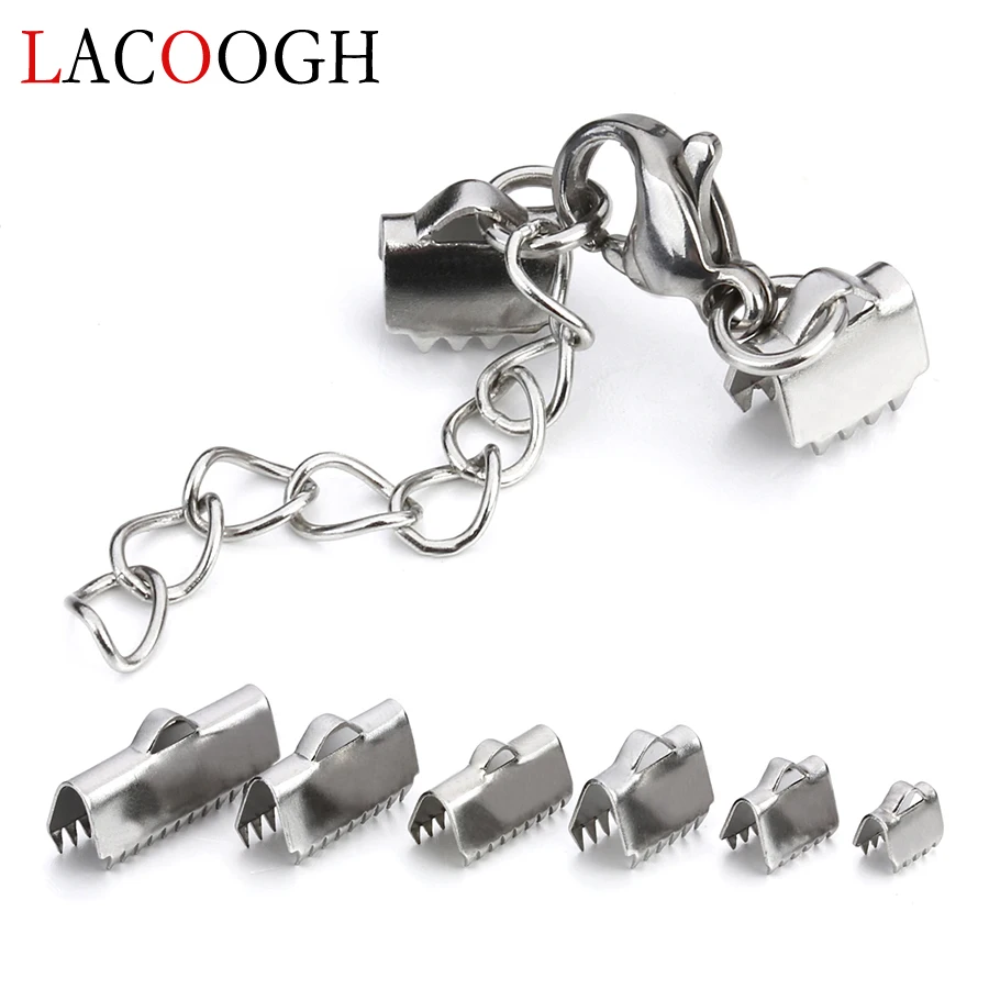 

10pcs Stainless Steel Flat Leather Cord End Fastener Clasps With Chains for Bracelets Lobster Clasps Connectors Jewelry Making