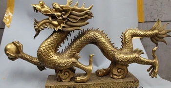 

36" Chinese Fengshui Bronze Zodiac Year Dragon Playing With Pearl Animal Statue