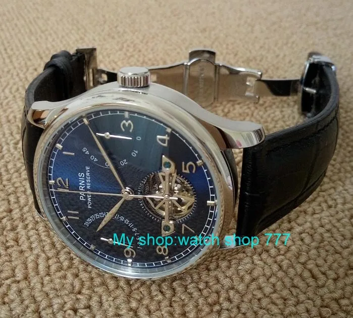 جديد الأزرق الهاتفي 43 مللي متر PARNIS فراشة مشبك التلقائي الذاتي الرياح ساعات آلية قوة الاحتياط الرجال الساعات zdf8