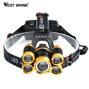 

WEST BIKING Bike 5LED Headlamp Super Bright Gold Zoomable 4Modes Waterpoof T6 Cycling Head Light USB Recharge Bicycle Head Torch