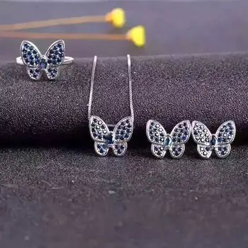 

Fidelity Natural sapphire s925 sterling silver earrings ring Pendant jewelry sets natural blue gem Butterfly fine jewelry women