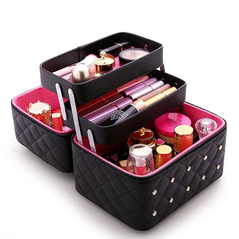 

Women Makeup Bag Large Capacity Cosmetic Bags Grid Pattern Toiletry Storage Box Maleta De Maquiagem Profissional