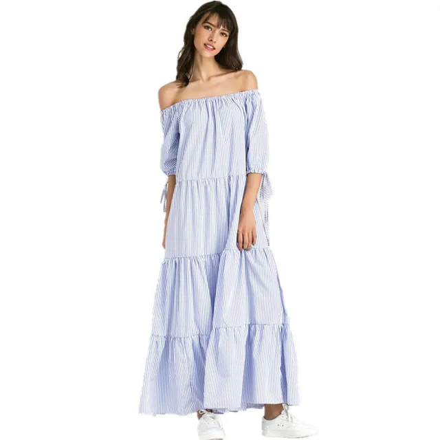 blue and white striped maxi dress