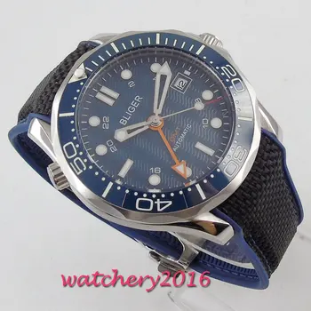 

Luxury Mens Watches Fashion Automatic BLue Dial Sapphire Glass Luminous date GMT Wristwatch Bliger rubber Strap Watch