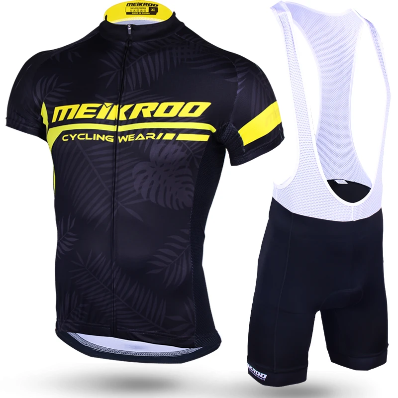 

Original Meikroo hawaii leaves black yellow bib short sleeve cycling jersey sets bike race evo cycling apparel