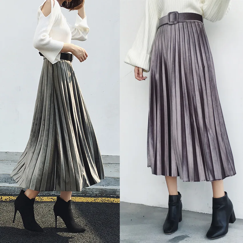 

2019 Spring New Arrival Velvet Pleated Skirt Women Big Swing Faldas Largas Elegantes Belt Decorated Ladies Skirts Free Shipping