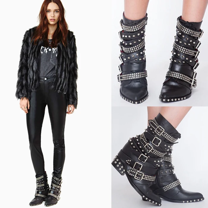 

2018 European American Autumn Winter rivet belt buckle strap ankle boots cow leather pointed toe height increasing riding boots