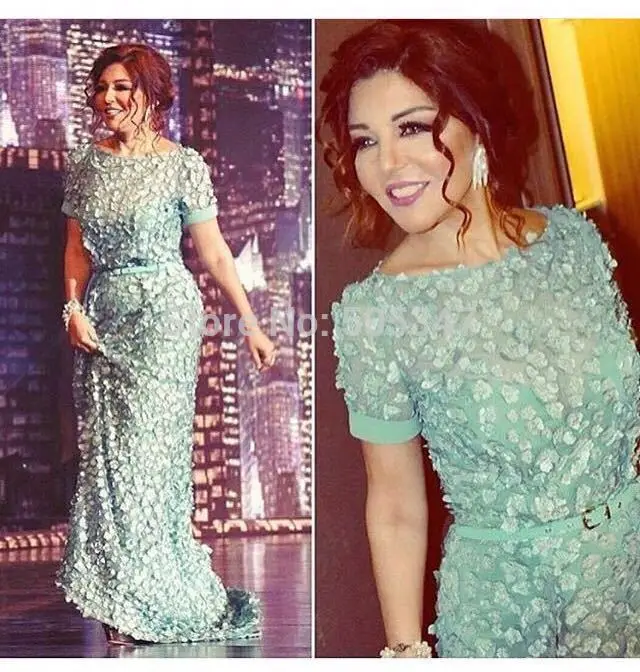 Cap sleeve Lace Appliques Flower Arabic Evening dress Long Green Puffy Short sleeve Evening dresses Kaftan298