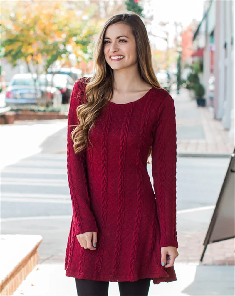 Women Long Sleeve Solid Hem Casual O-Neck A Line Mini Knitted Twist Wool Dress For Autumn and Winter