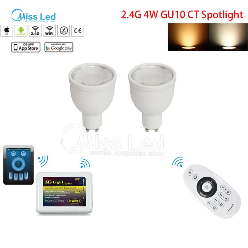 

Express 2.4G 4w GU10 CT Spotlight Mi light wireless RF remote controller + 2.4g WIFI controller + 2x CCT GU10 4w led bulb