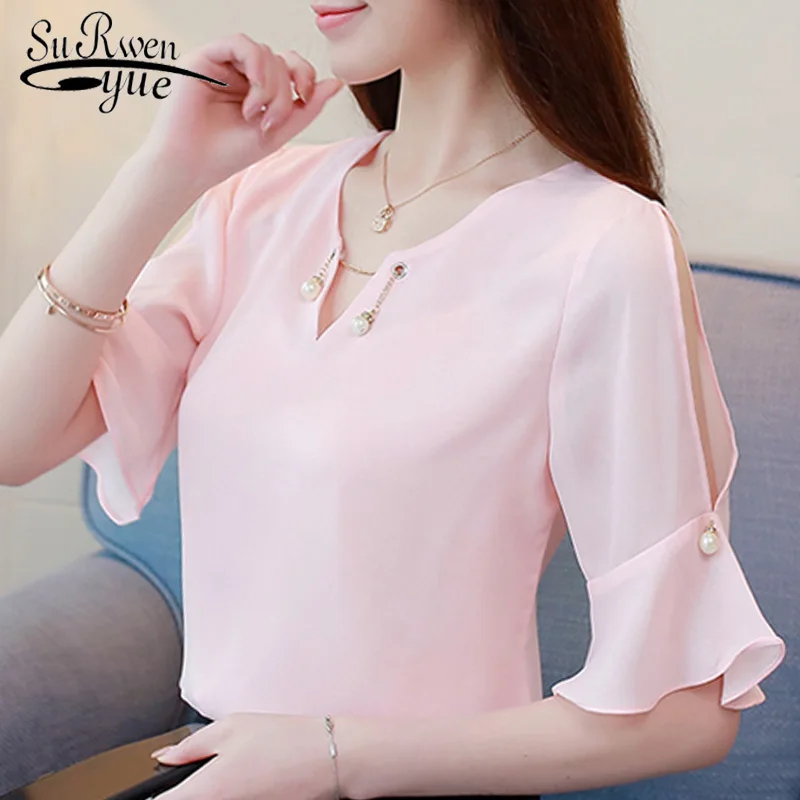 blouses woman 2019 V neck pink chiffon blouse women short sleeve shirts summer women blouses womens tops and blouses 4508 50
