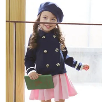 

Girls 2018 New Product Autumn Dress Double Row Buckle Small Loose Coat Increase Short Twinset