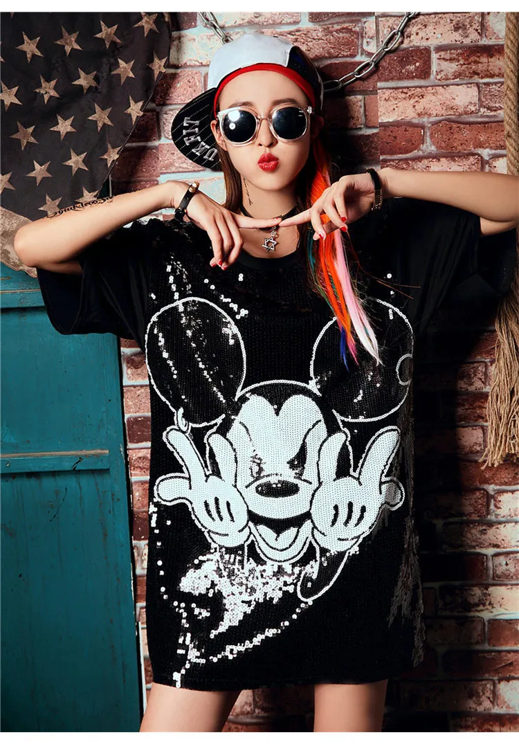 

2018 Summer Fashion Women tshirt Street Cute Long Loose Cartoon Mouse Sequins T-shirt Short Sleeve Straight 1816