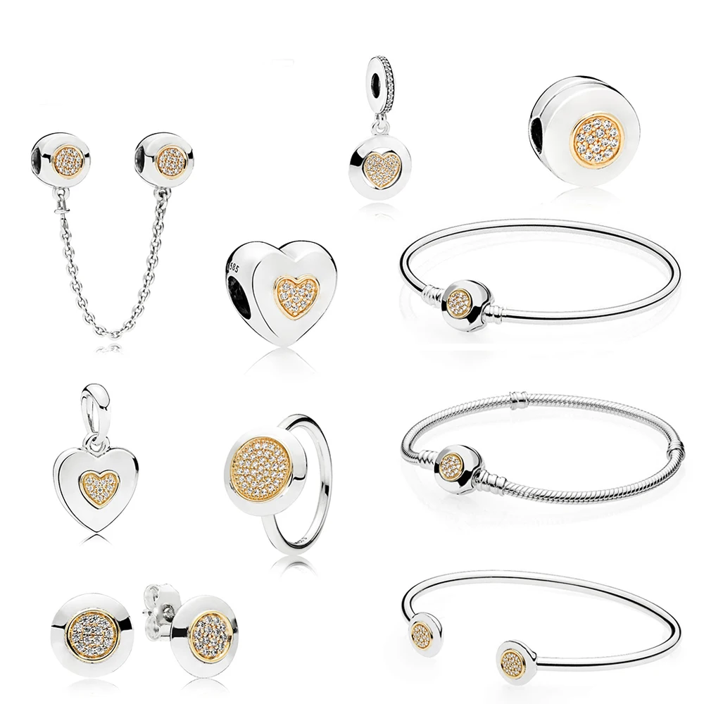 

Moments Fanier 100% 925 Sterling Two -tone Signature Bracelet Anel Earring Pendurated Heart Charm Private Security Private Charm