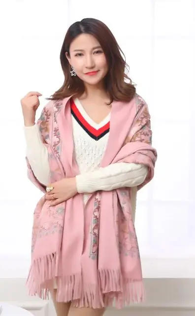 Винтажный женский цветочный шарф с вышивкой, утолщенный шарф в китайском этическом стиле в стиле ретро с цветочной окантовкой, шаль, теплый и мягкий - Цвет: pink