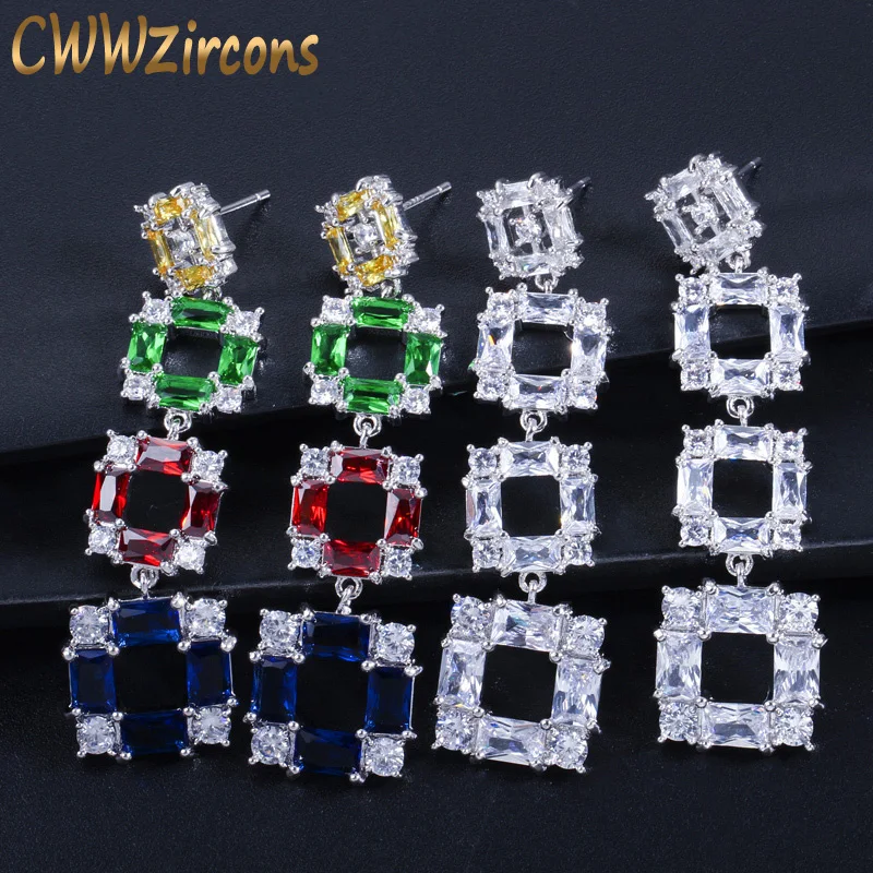 

CWWZircons Top Quality Colorful Cubic Zirconia Paved Long Sqaure Drop Dangle 925 Sterling Silver Post Earrings for Women CZ423