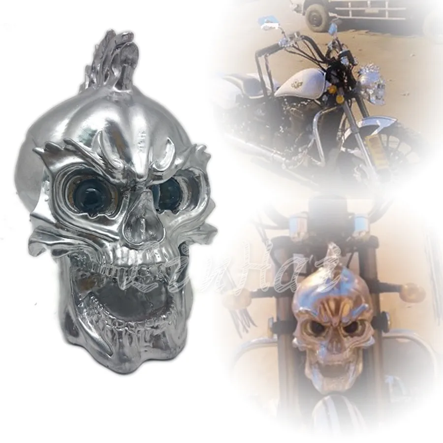LED Silver Motorcycle Resin Skull Headlight With Light In Eyes